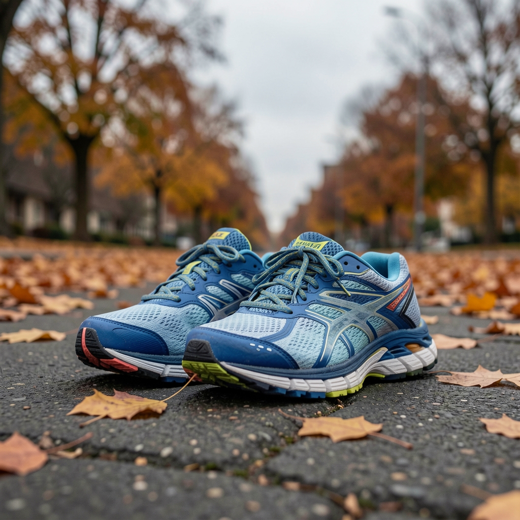 Running shoes on pavement, overcast light, low angle close-up, autumn leaves in background