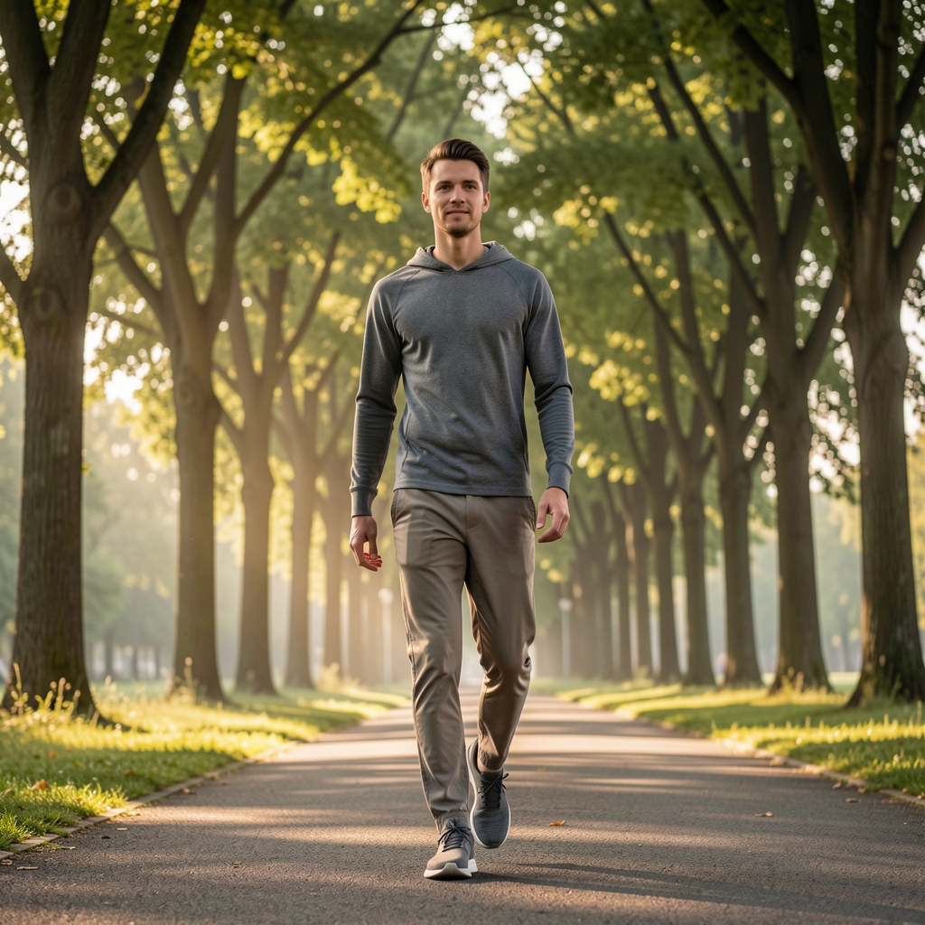 Person walking along a tree-lined path in morning light, casual active clothing, low angle shot